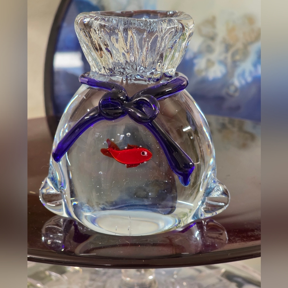 Bella Casa By GANZ Art Glass Paperweight Gold Fish In A Bag Blue Orange